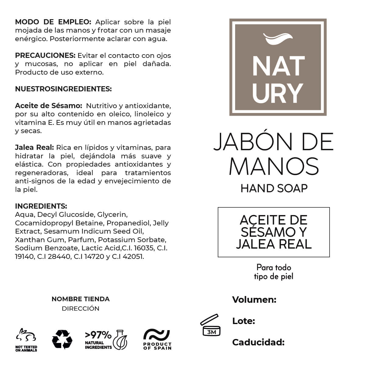 Etiqueta Adhesiva Papel Jabón de Manos Aceite de Sésamo y Jalea Real (PACK 10 UNIDADES)